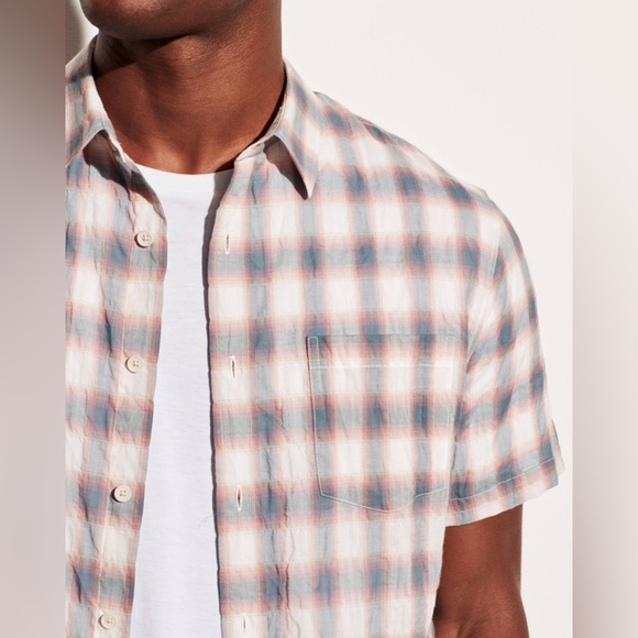 Vince Shadow Plaid Short Sleeve Shirt in Off White/Palisades Blue - Picture 3 of 14